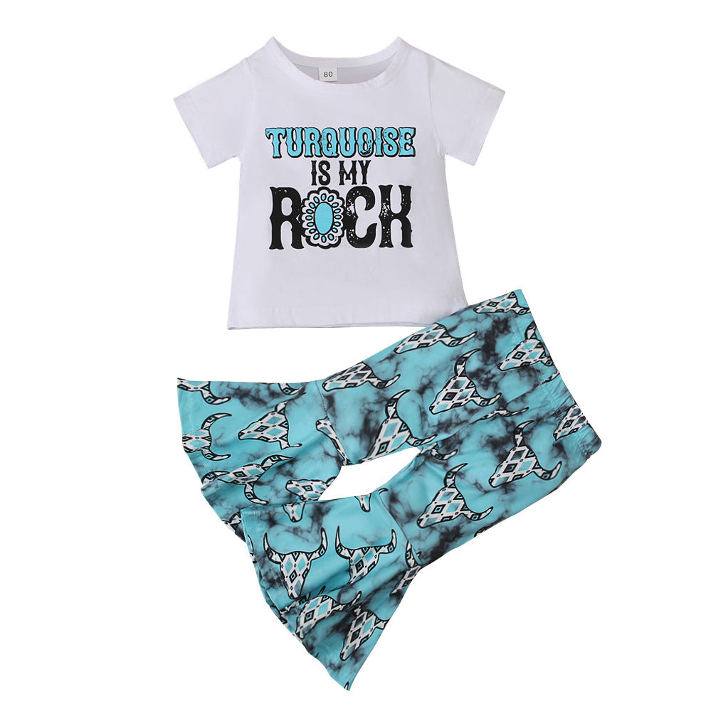 Wholesale Children's Western Style Turquoise Printed Short Sleeve Bell Bottoms Two Piece Set